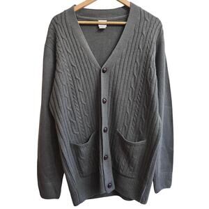 Haband Mens Vintage Grandpa Preppy Fisherman Gray Cable Knit Cardigan Sweater L